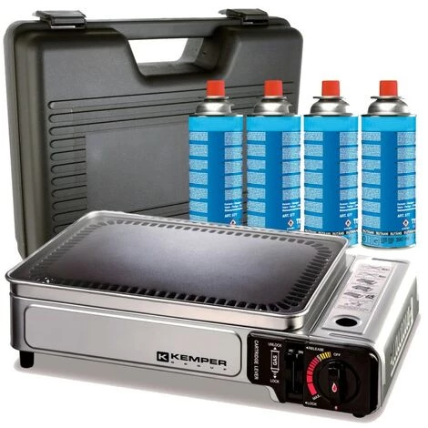 Plancha Gaz Portable 2300W Kemper Plaque Anti Adhésive + 4 Cartouches Gaz Camping + Valise De Transport 3 Plancha Gaz Portable 2300W Kemper Plaque Anti Adhésive + 4 Cartouches Gaz Camping + Valise De Transport