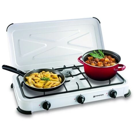 Réchaud Gaz Portable 3 Feux 3450W Blanc Laqué Couvercle Plaque De Cuisson KEMPER 3 Réchaud Gaz Portable 3 Feux 3450W Blanc Laqué Couvercle Plaque De Cuisson KEMPER