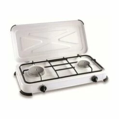 HELIOTRADE Réchaud à Gaz Deux Feux Avec Couvercle - 2600W - Bruleurs En Aciers