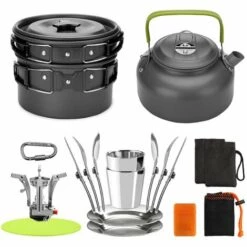 ASUPERMALL Kit D'Ustensiles De Cuisine Et D'Articles Divers De Camping En Plein Air, Adapte Au Pique-Nique De Sac A Dos De Randonnee En Camping, Noir