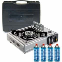 Réchaud à Gaz NOMADE INOX KEMPER 1900W + 4 Cartouches Gaz Allumage Piezo Sécurité Insert Gaz