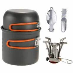 SUPERSELLER Réchaud à Gaz Camping En Plein Air Randonnée Ustensiles De Cuisine Avec Mini Camping Cuisinière à Allumage Piézoélectrique Randonnée Cuisson Pique-Nique Pot Set Cook Set Avec Fourchette Et Cuillère