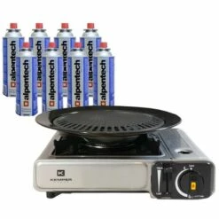 Barbecue Grill 2 En 1 Réchaud Gaz Piézo 1900 W KEMPER + Plaque Grill + 8 Cartouches Gaz 227 Gr Butane Camping