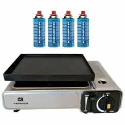Réchaud Et Plancha à Gaz 2en1 NOMADE 1900W INOX KEMPER + Plaque Plancha 26 X 23 Cm + 4 Cartouches Gaz 227gr