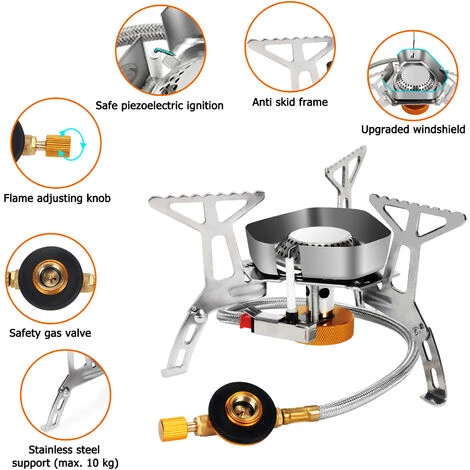 Randaco Réchaud De Camping 3500W Portable Réchaud Gaz Pliable Brûleur à Gaz Anti-Vent Avec Bouton D'Allumage Randonnée - Argent 4 Randaco Réchaud De Camping 3500W Portable Réchaud Gaz Pliable Brûleur à Gaz Anti-Vent Avec Bouton D'Allumage Randonnée - Argent – Image 2