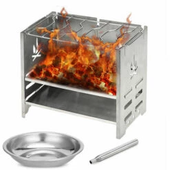 LITZEE Réchaud à Gaz Réchaud De Camping Pliable En Acier Inoxydable Portable Avec Plateau à Alcool Et Soufflet Pour Barbecue Pique-nique - Argent Réchaud à Gaz