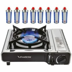 Réchaud Gaz 2200W INOX Portable + 8 Cartouches De Gaz Butane 227 Gr Allumage Piézo FIVESTAR Camping Chantier Terrasse