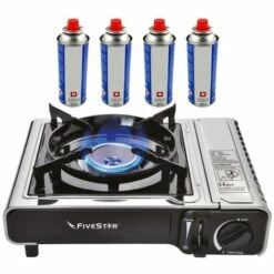 Réchaud Gaz 2200W INOX Portable Allumage Piézo FIVESTAR + 4 Cartouches De Gaz Butane 227 Gr Camping Chantier Terrasse