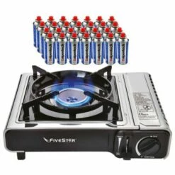 Réchaud Gaz 2200W INOX Portable + 28 Cartouches Gaz Butane Allumage Piézo FIVESTAR